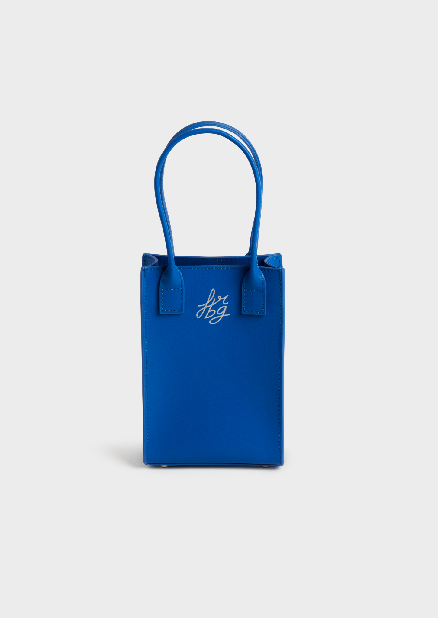 Petit sac à main bleu en cuir, avec logo argenté "frbg"